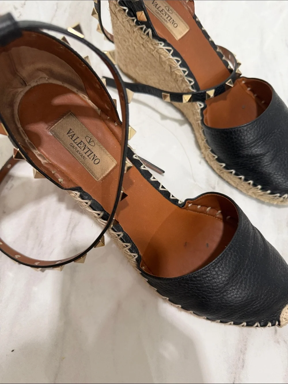 Valentino Garavani Black Leather Studded Espadrille Wedge Sandals - Picture 3 of 8